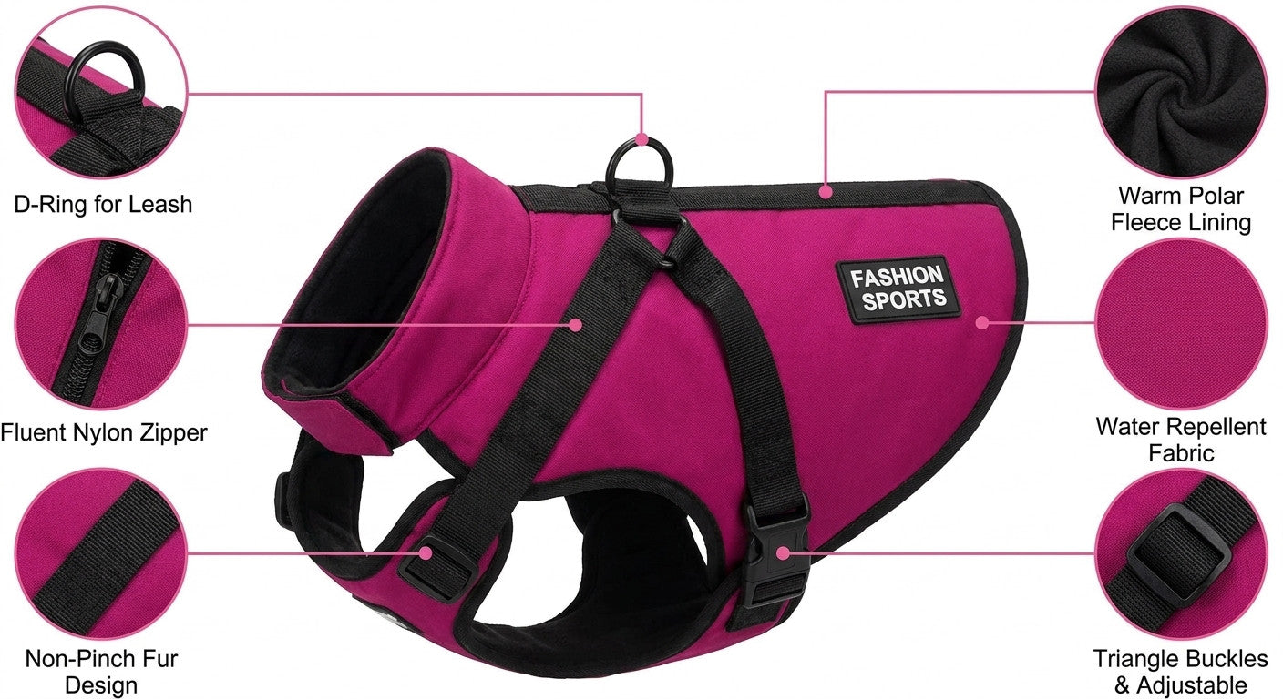 Water-repellent padded winter dog coat with harness