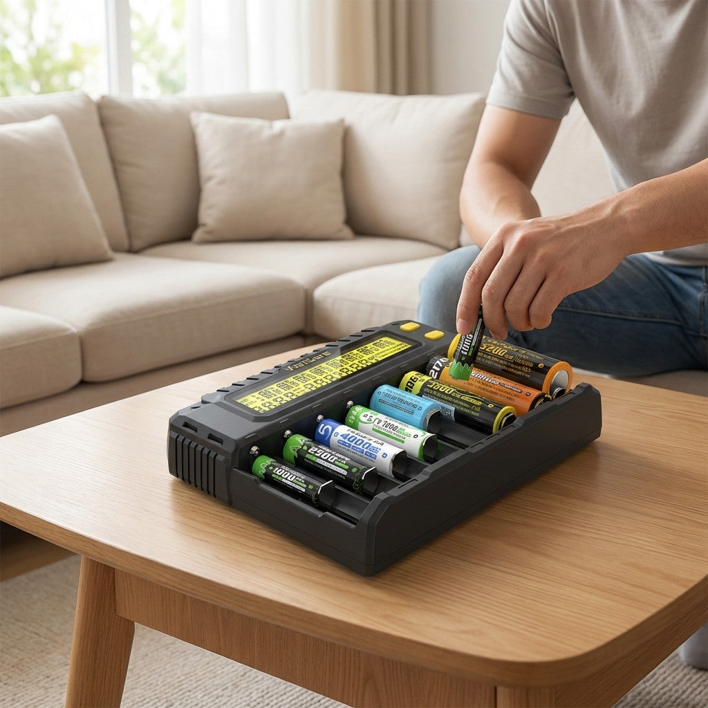 Universal-Ladegerät mit 8 Ladeplätzen und automatischer Batterietyp-Erkennung