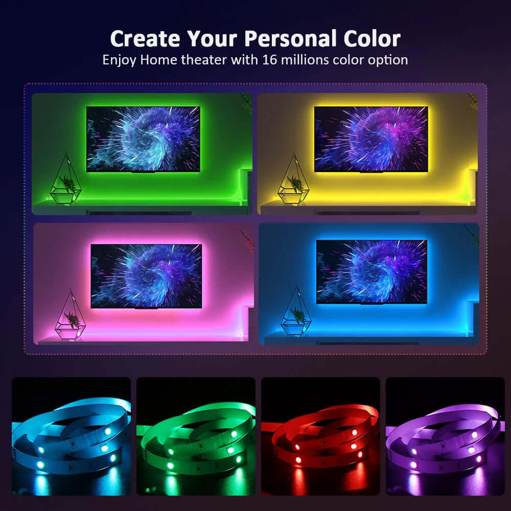 Stimmungsvolle TV-Beleuchtung: RGB LED Strip mit Bluetooth-Steuerung - Entdecken Sie die Zukunft der Beleuchtung mit unseren RGB-LED-Streifen! Mit 16 verschiedenen Farboptionen und der Möglichkeit für weißes Licht können Sie Ihr Zuhause nach Ihren Wünsche