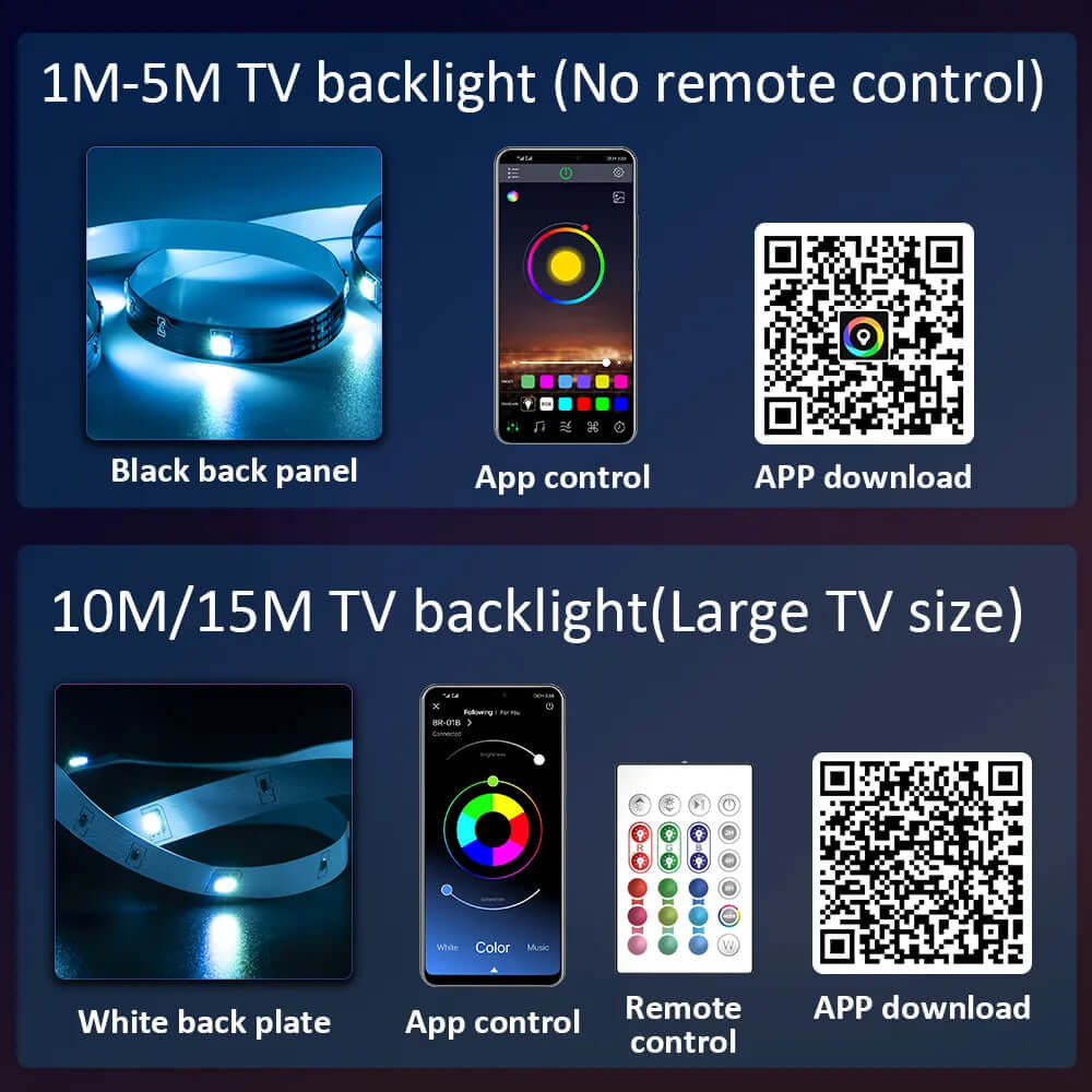 Stimmungsvolle TV-Beleuchtung: RGB LED Strip mit Bluetooth-Steuerung - Entdecken Sie die Zukunft der Beleuchtung mit unseren RGB-LED-Streifen! Mit 16 verschiedenen Farboptionen und der Möglichkeit für weißes Licht können Sie Ihr Zuhause nach Ihren Wünsche