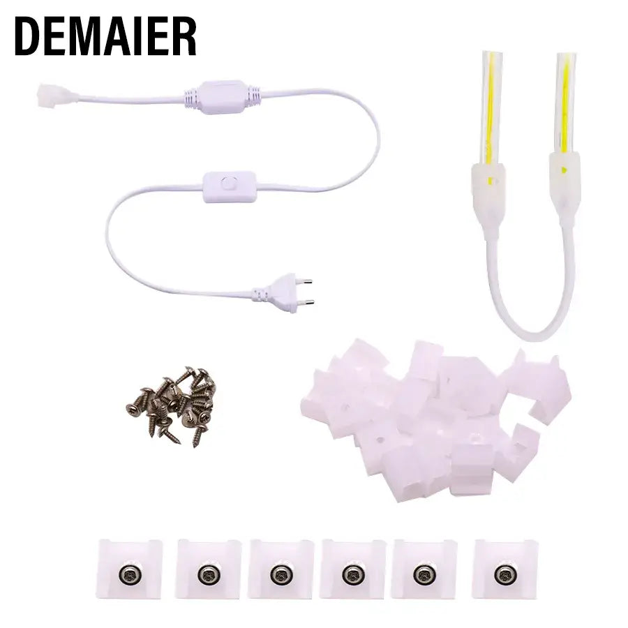 COB LED Strip Light Zubehör: Verbindungskabel & Clips - Stilvolle, sichere Verbindung für 220V EU LED-Streifen mit 360 LEDs auf 12mm. Die hochwertigen Clips und Steckverbinder bieten eine zuverlässige Lösung. Perfekt für professionelle Beleuchtungsprojekt