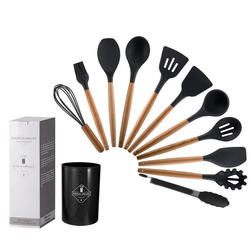 12 teiliges-Silikon Küchenutensilien Set: Antihaft-Kochwerkzeuge für Meisterköche - Hochwertiges 12-tlg. Silikon-Kochutensilien-Set für müheloses Kochen. Langlebig, hitzebeständig und ergonomisch – perfektes Zubehör für Ihre Küche. - 14:193#12pcs Black;5: