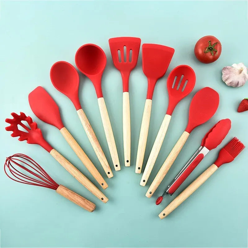 12 teiliges-Silikon Küchenutensilien Set: Antihaft-Kochwerkzeuge für Meisterköche - Hochwertiges 12-tlg. Silikon-Kochutensilien-Set für müheloses Kochen. Langlebig, hitzebeständig und ergonomisch – perfektes Zubehör für Ihre Küche. - 14:10#12pcs Red;5:100