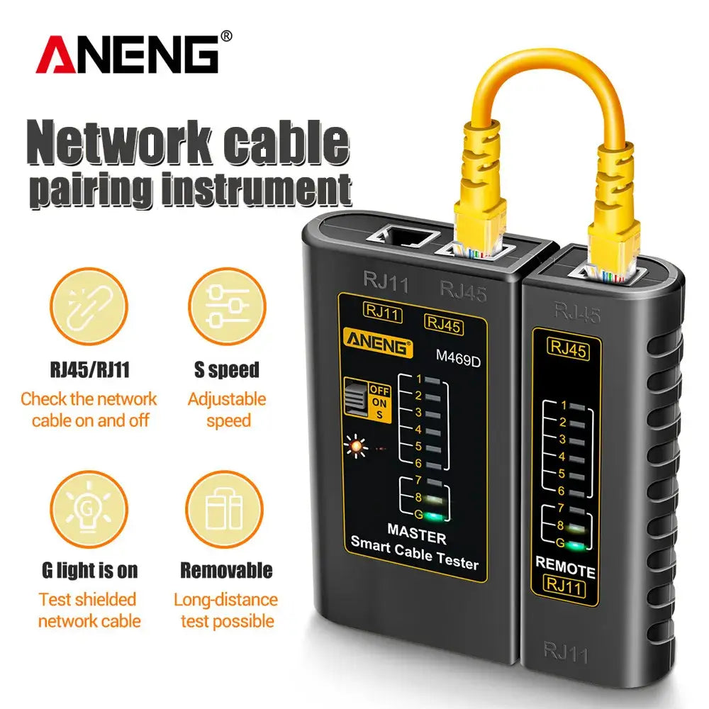 LAN - Netzwerk Kabel Tester RJ45 RJ11 RJ12 CAT5 UTP - Effiziente Netzwerkwartung mit RJ45-, RJ11-, RJ12- und CAT5-UTP-Kabeltester. Erkennung von Kabelfehlern und Verbindungsproblemen. Ideal für Profis! - 1005005856925768-M469D Yellow