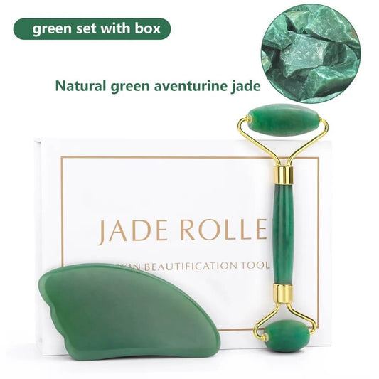 Natürliches Rosenquarz Jade Roller & Gua Sha Set - Für strahlende Haut! - Verwöhnen Sie Ihre Haut mit unserem hochwertigen Natürlichen Rosenquarz Jade Roller und Gua Sha Set für strahlende Haut und ultimativen Wellness. - 14:143476592#Quiet Green set box;