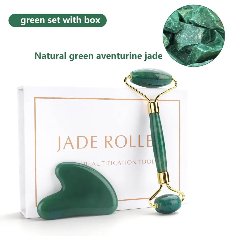 Natürliches Rosenquarz Jade Roller & Gua Sha Set - Für strahlende Haut! - Verwöhnen Sie Ihre Haut mit unserem hochwertigen Natürlichen Rosenquarz Jade Roller und Gua Sha Set für strahlende Haut und ultimativen Wellness. - 14:173#Green set with box;2000077