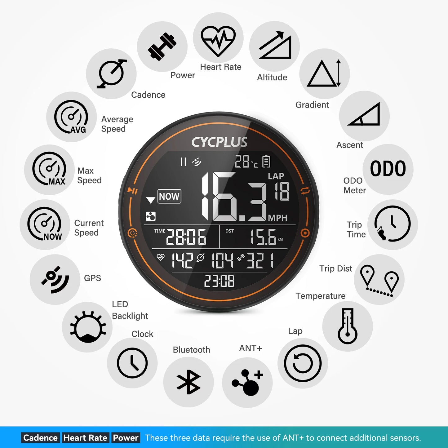 CYCPLUS M2 GPS Fahrradcomputer – Kabellos, ANT+ & BLE 5.0, IPX6 Wasserdicht, 70h Akkulaufzeit, 2,5" LCD-Display