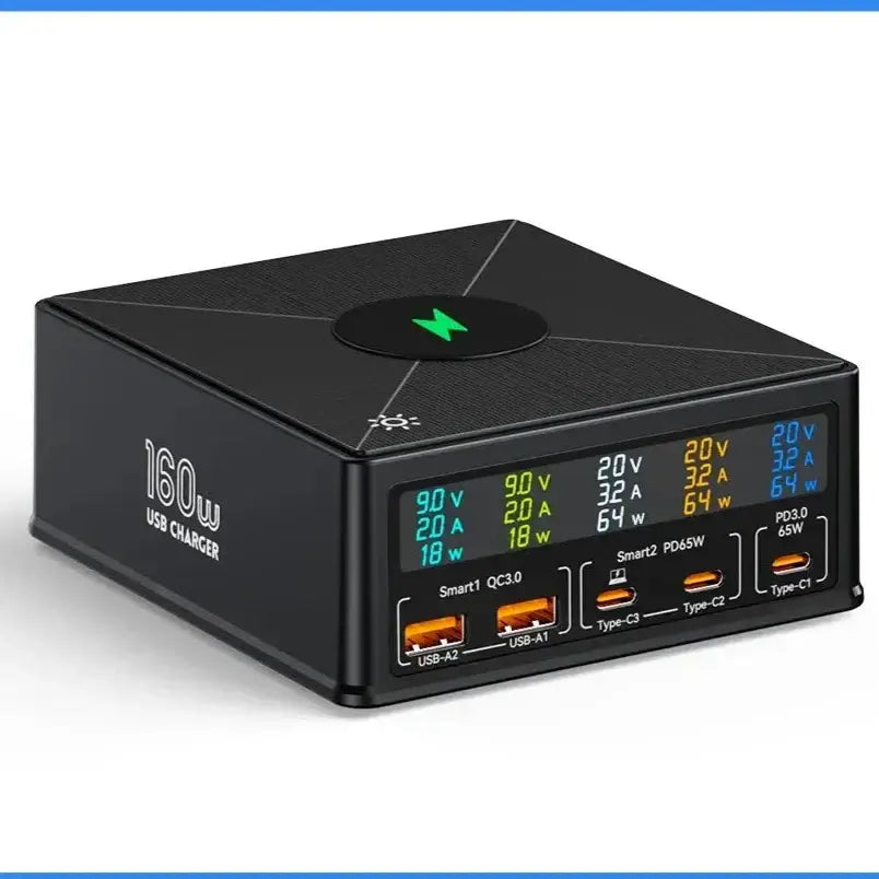 ASOMETECH 160W USB Ladestation – Kabelloses Laden, 100W/65W PD PPS GaN Schnellladegerät für Laptop, Tablet, iPhone & Samsung - Effizientes und vielseitiges 160W Schnellladegerät von ASOMETECH. Unterstützt PD 100W, kabelloses Laden, und geeignet für MacBoo