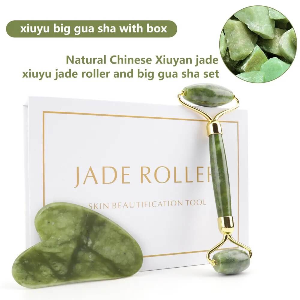 Natürliches Rosenquarz Jade Roller & Gua Sha Set - Für strahlende Haut! - Verwöhnen Sie Ihre Haut mit unserem hochwertigen Natürlichen Rosenquarz Jade Roller und Gua Sha Set für strahlende Haut und ultimativen Wellness. - 14:193#xiuyu set B withbox;200007