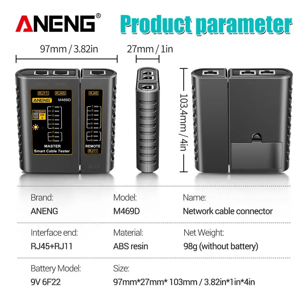 LAN - Netzwerk Kabel Tester RJ45 RJ11 RJ12 CAT5 UTP - Effiziente Netzwerkwartung mit RJ45-, RJ11-, RJ12- und CAT5-UTP-Kabeltester. Erkennung von Kabelfehlern und Verbindungsproblemen. Ideal für Profis! - 1005005856925768-M469D Yellow