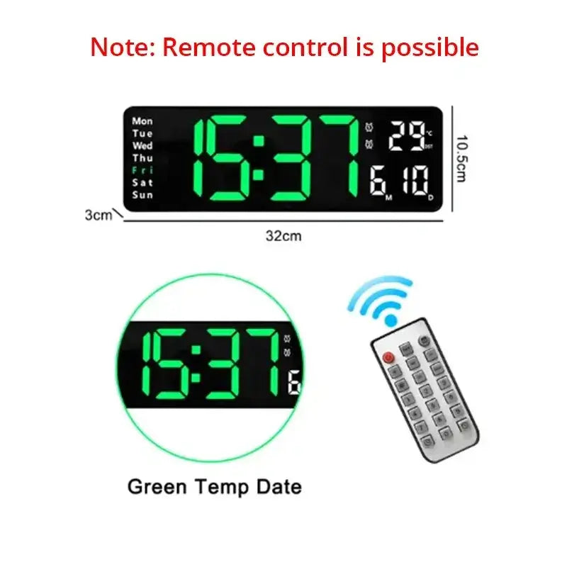 Grosse 13/16" LED-Wanduhr mit Fernbedienung, Temperatur - Moderne 13/16" LED-Wanduhr mit Fernbedienung und Temperaturanzeige. Perfekt für Wohnbereiche - Funktionalität trifft auf elegantes Design. - 1005005395728778-13 inches Green