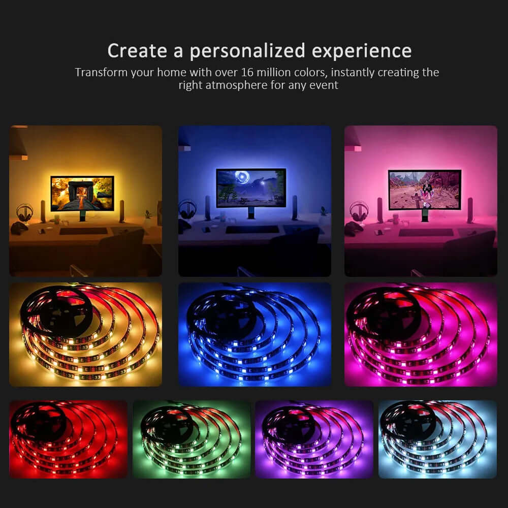 Stimmungsvolle TV-Beleuchtung: RGB LED Strip mit Bluetooth-Steuerung - Entdecken Sie die Zukunft der Beleuchtung mit unseren RGB-LED-Streifen! Mit 16 verschiedenen Farboptionen und der Möglichkeit für weißes Licht können Sie Ihr Zuhause nach Ihren Wünsche