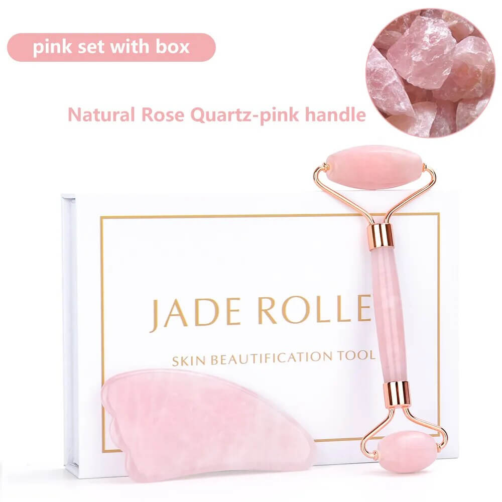 Natürliches Rosenquarz Jade Roller & Gua Sha Set - Für strahlende Haut! - Verwöhnen Sie Ihre Haut mit unserem hochwertigen Natürlichen Rosenquarz Jade Roller und Gua Sha Set für strahlende Haut und ultimativen Wellness. - 14:824#Quiet Pink set box;2000077