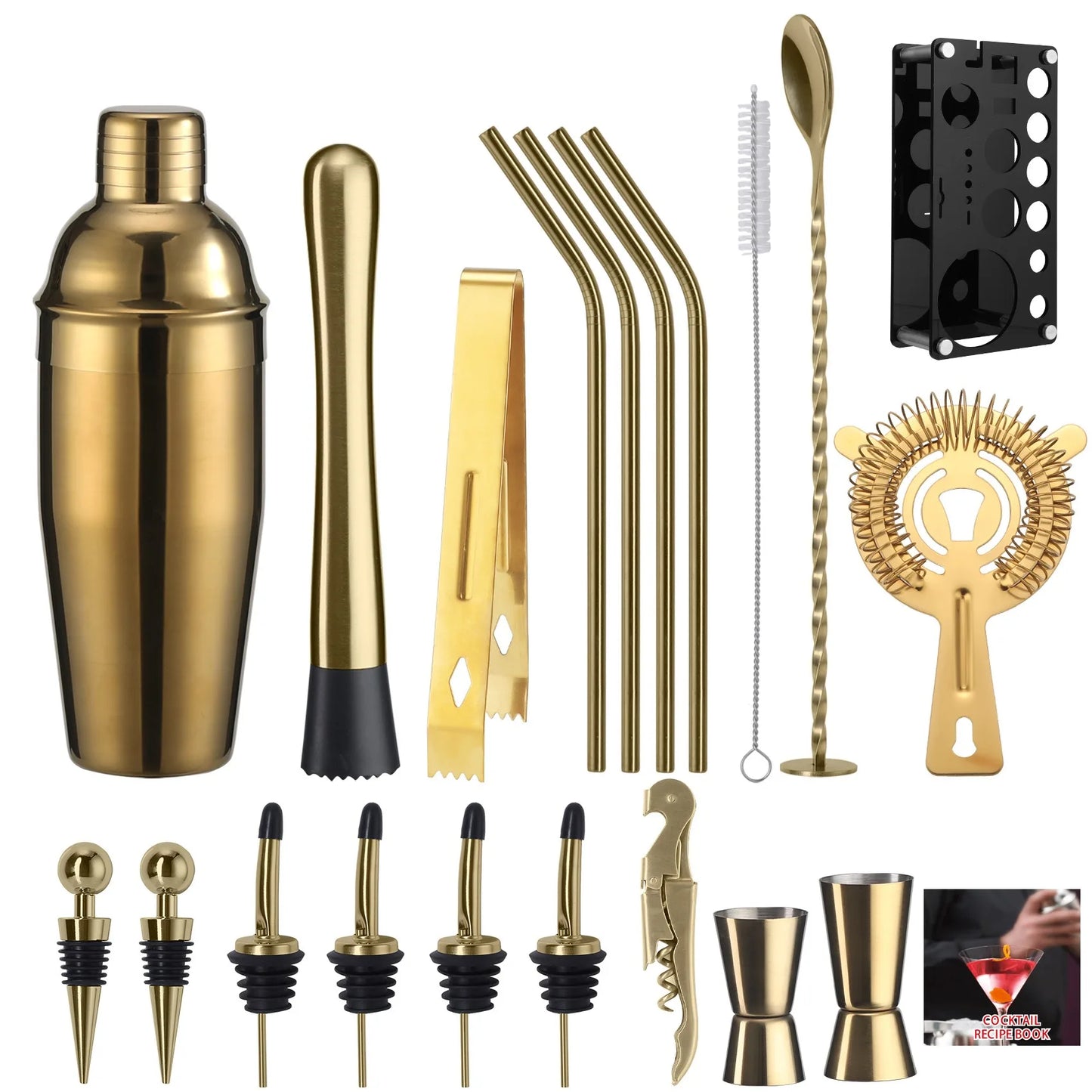 Ensemble de Shaker à Cocktails 20 Pièces Kit de Barman avec Support Kit de Bar Mixologie pour Boissons avec Outils Essentiels et Livret de Recettes