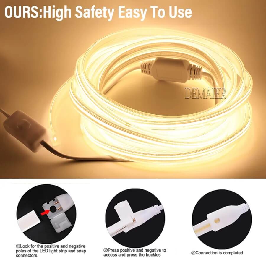 COB LED Strip Light Zubehör: Verbindungskabel & Clips - Stilvolle, sichere Verbindung für 220V EU LED-Streifen mit 360 LEDs auf 12mm. Die hochwertigen Clips und Steckverbinder bieten eine zuverlässige Lösung. Perfekt für professionelle Beleuchtungsprojekt