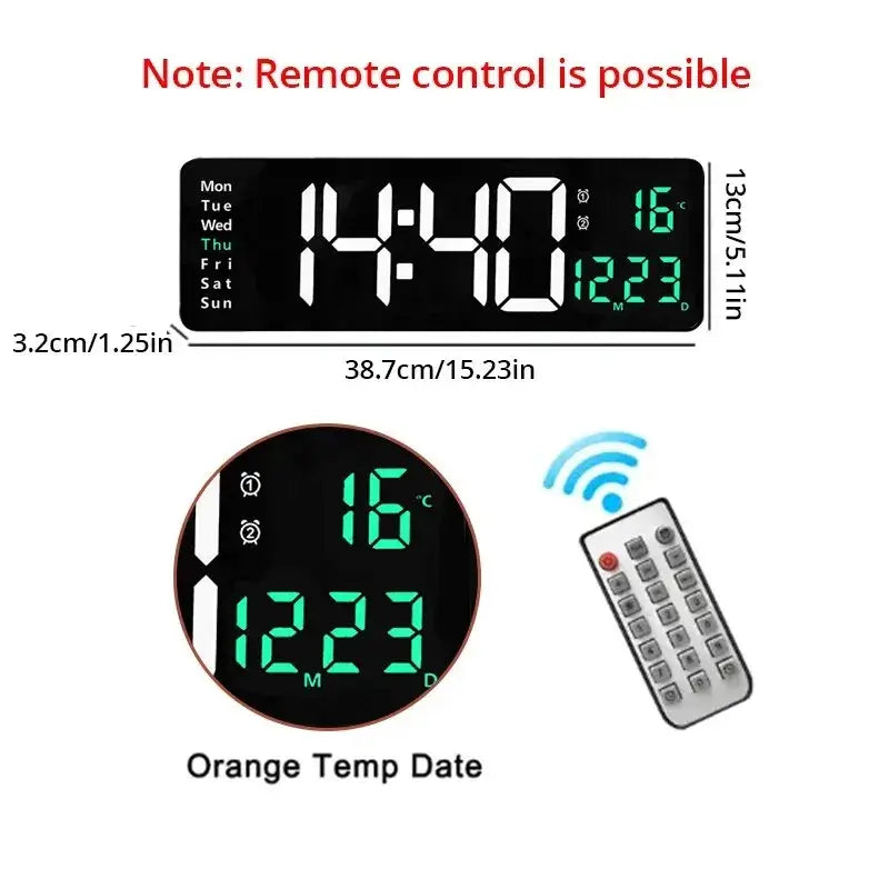 Grosse 13/16" LED-Wanduhr mit Fernbedienung, Temperatur - Moderne 13/16" LED-Wanduhr mit Fernbedienung und Temperaturanzeige. Perfekt für Wohnbereiche - Funktionalität trifft auf elegantes Design. - 1005005395728778-16 inches Green