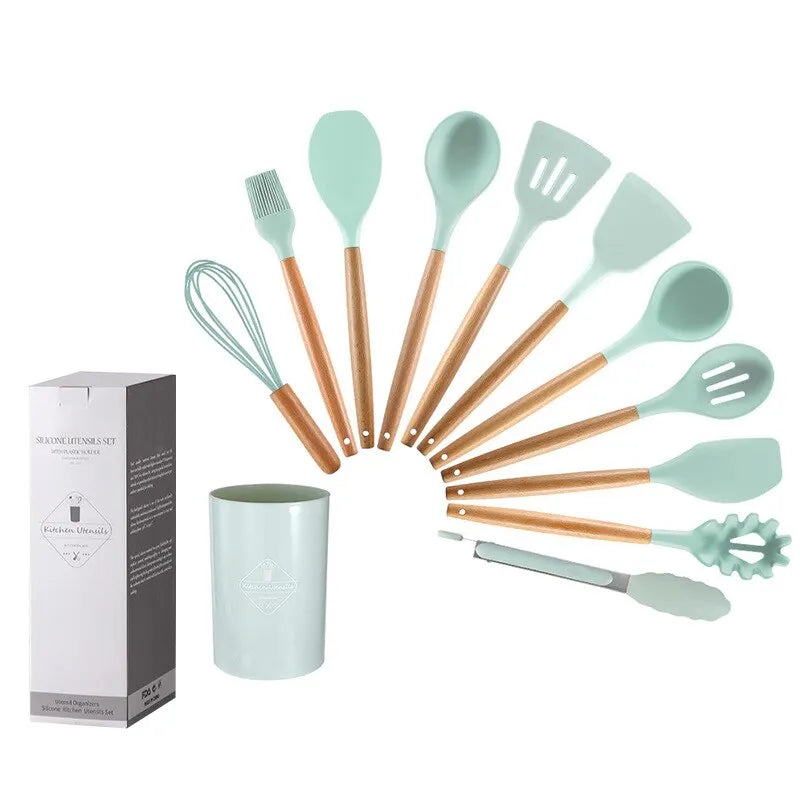 12 teiliges-Silikon Küchenutensilien Set: Antihaft-Kochwerkzeuge für Meisterköche - Hochwertiges 12-tlg. Silikon-Kochutensilien-Set für müheloses Kochen. Langlebig, hitzebeständig und ergonomisch – perfektes Zubehör für Ihre Küche. - 14:175#12pcs Green;5: