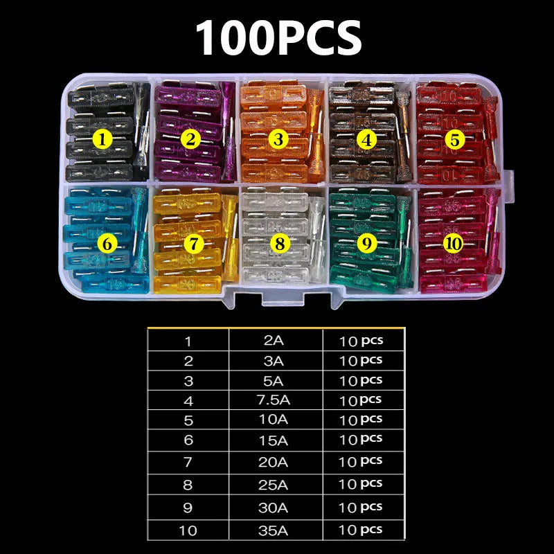 Auto-Sicherungen Set - 2A bis 35A in einer Box 100Stück - Schützen Sie Ihr Fahrzeug vor Kurzschlüssen mit 100 Auto-Sicherungen (2A-35A) in Box. Ideal für Autos und LKWs, für sichere Fahrten ohne Probleme! - 14:200004889