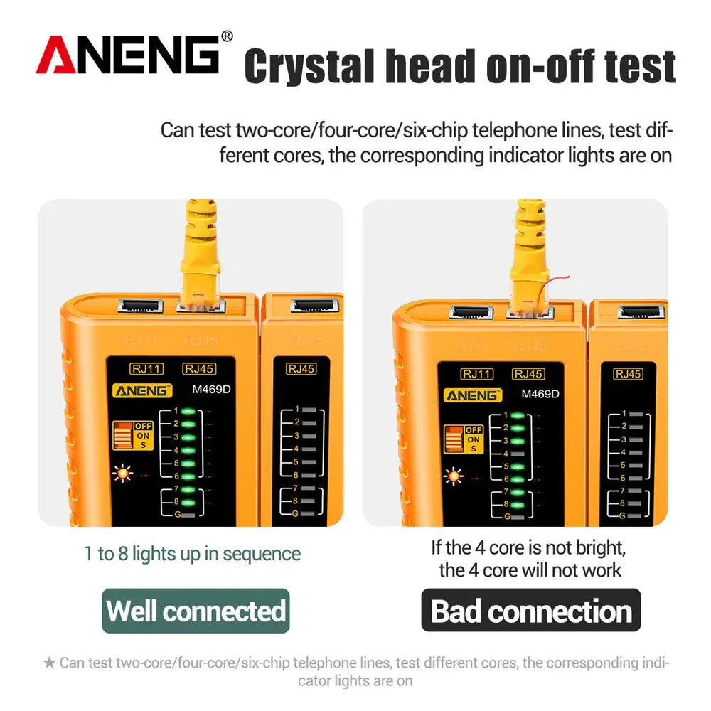 LAN - Netzwerk Kabel Tester RJ45 RJ11 RJ12 CAT5 UTP - Effiziente Netzwerkwartung mit RJ45-, RJ11-, RJ12- und CAT5-UTP-Kabeltester. Erkennung von Kabelfehlern und Verbindungsproblemen. Ideal für Profis! - 1005005856925768-M469D Yellow