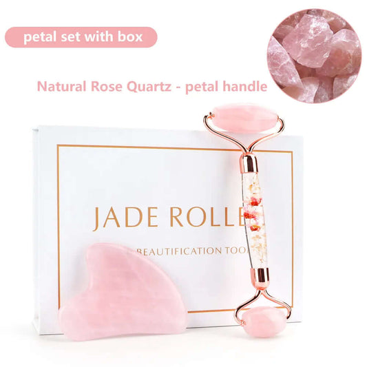 Natürliches Rosenquarz Jade Roller & Gua Sha Set - Für strahlende Haut! - Verwöhnen Sie Ihre Haut mit unserem hochwertigen Natürlichen Rosenquarz Jade Roller und Gua Sha Set für strahlende Haut und ultimativen Wellness. - 14:10#petal set with box;20000776