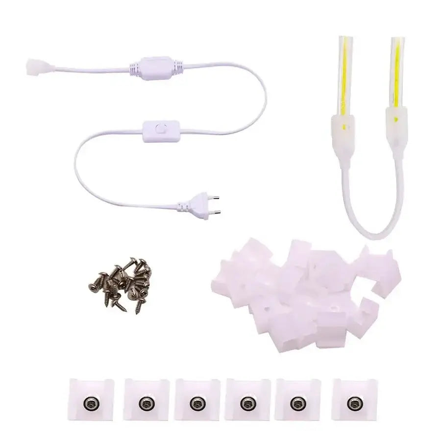 COB LED Strip Light Zubehör: Verbindungskabel & Clips - Stilvolle, sichere Verbindung für 220V EU LED-Streifen mit 360 LEDs auf 12mm. Die hochwertigen Clips und Steckverbinder bieten eine zuverlässige Lösung. Perfekt für professionelle Beleuchtungsprojekt