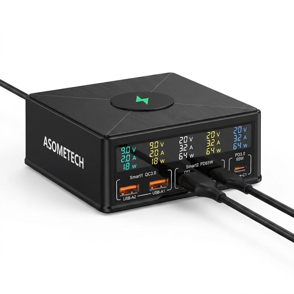 Asometech 160W Desktop USB-Ladestation mit kabellosem Laden