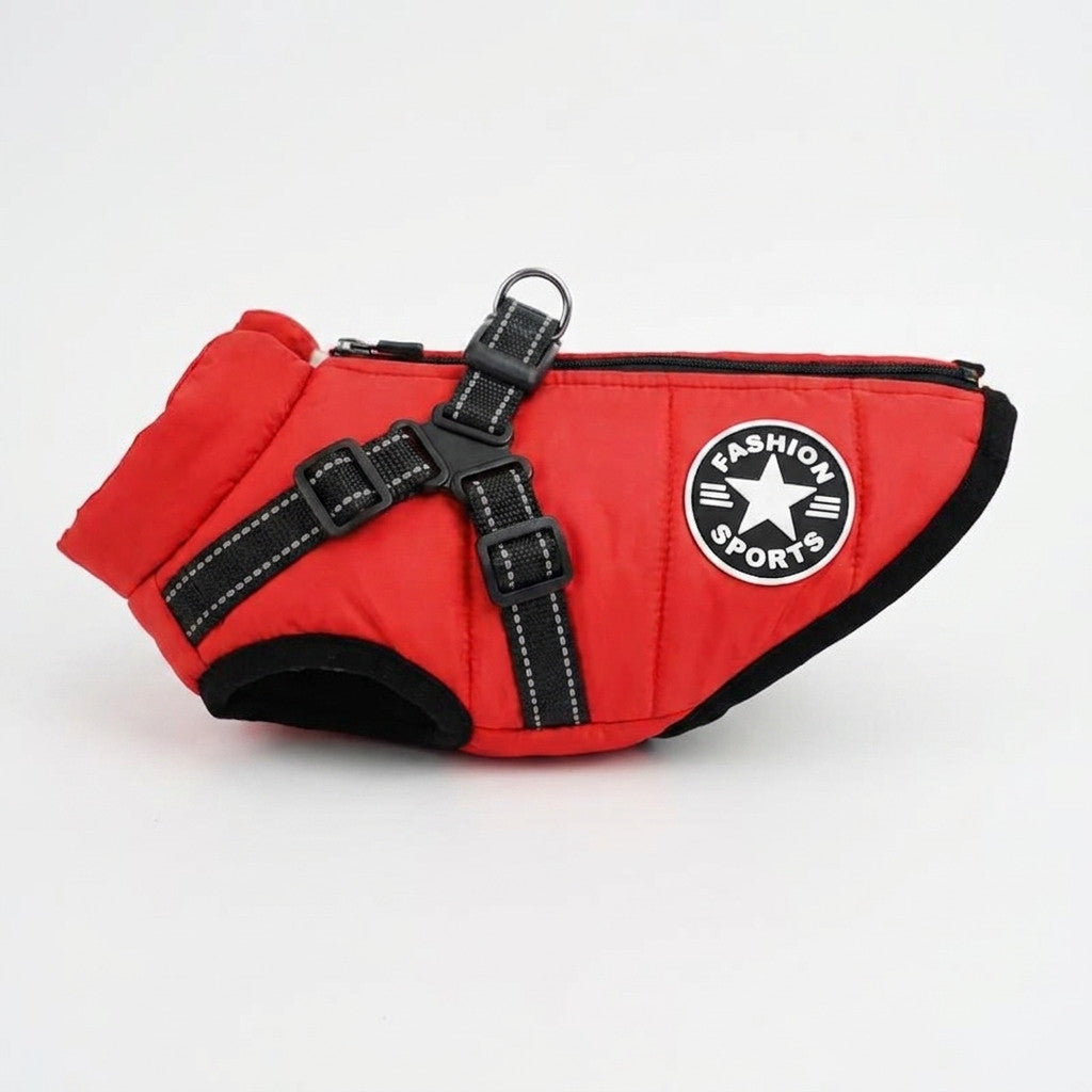 Water-repellent padded winter dog coat with harness