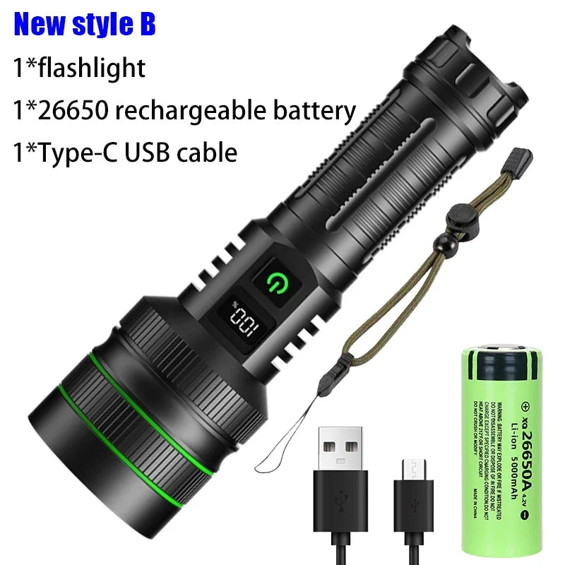 Leistungsstarke XHP50 LED Taschenlampe mit 26650 Akku und USB-C