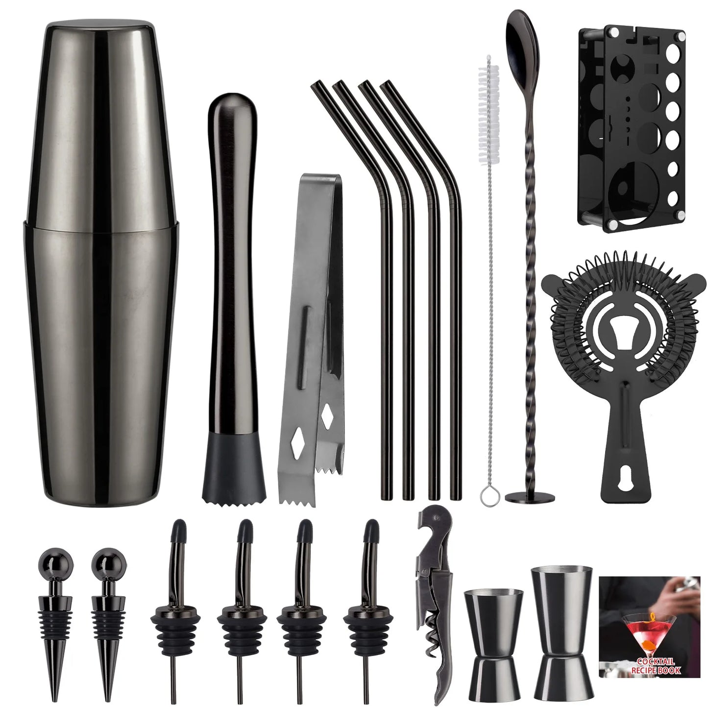 Set shaker per cocktail 20 pezzi Kit da barista con supporto Set da bar mixology Set mixer per bevande con strumento accessorio essenziale Ricettario