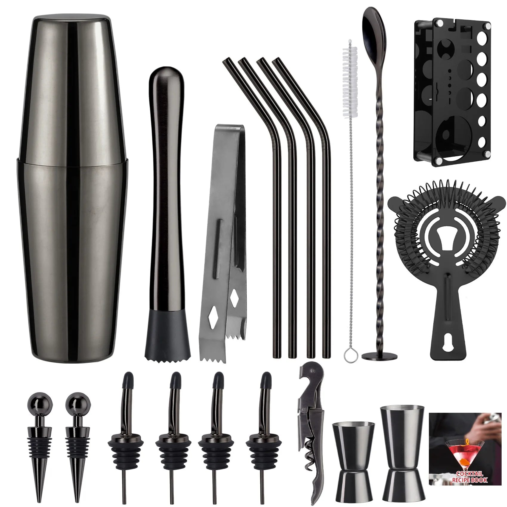Set shaker per cocktail 20 pezzi Kit da barista con supporto Set da bar mixology Set mixer per bevande con strumento accessorio essenziale Ricettario