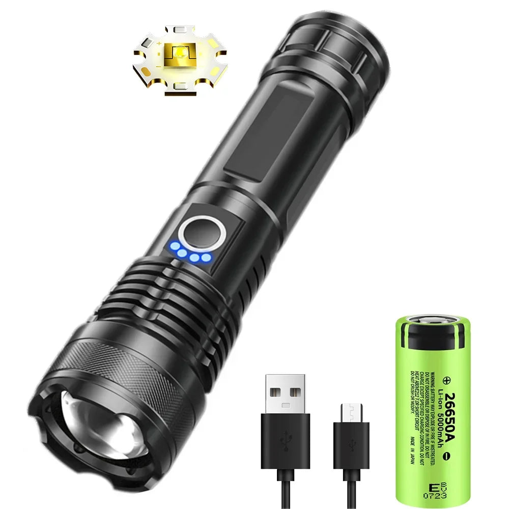 Leistungsstarke XHP50 LED Taschenlampe mit 26650 Akku und USB-C