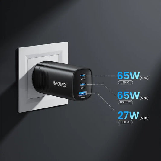 Quick Charger für Smartphones, Tablets und Laptops – 65 W mit GaN-Technologie und 3 Ladeports