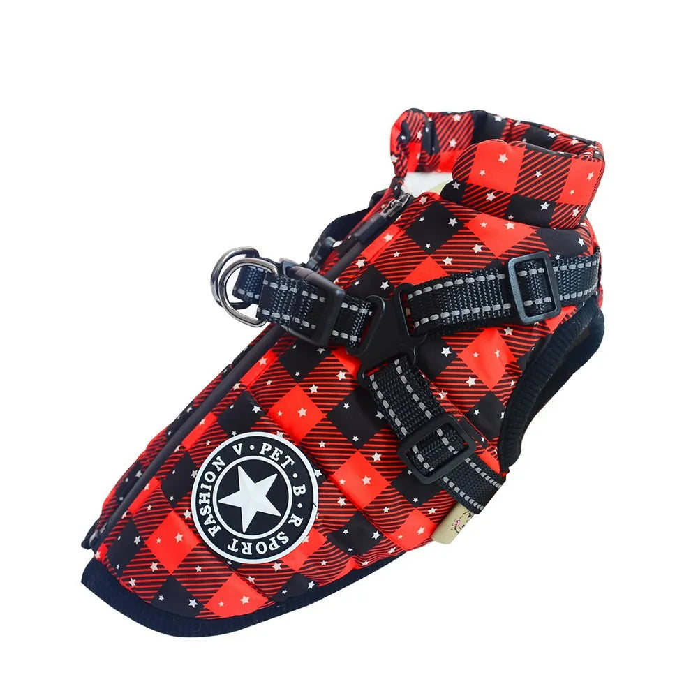 Water-repellent padded winter dog coat with harness