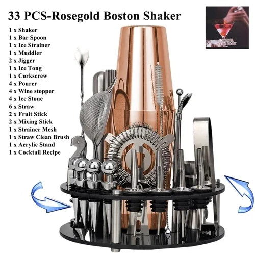 Cocktail Shaker Set 1–33 Teile – Profi Barkeeper-Set mit Rezeptbuch & Barständer