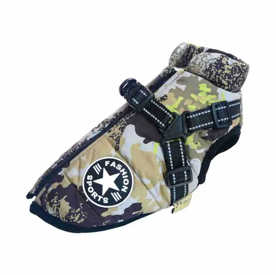 Water-repellent padded winter dog coat with harness