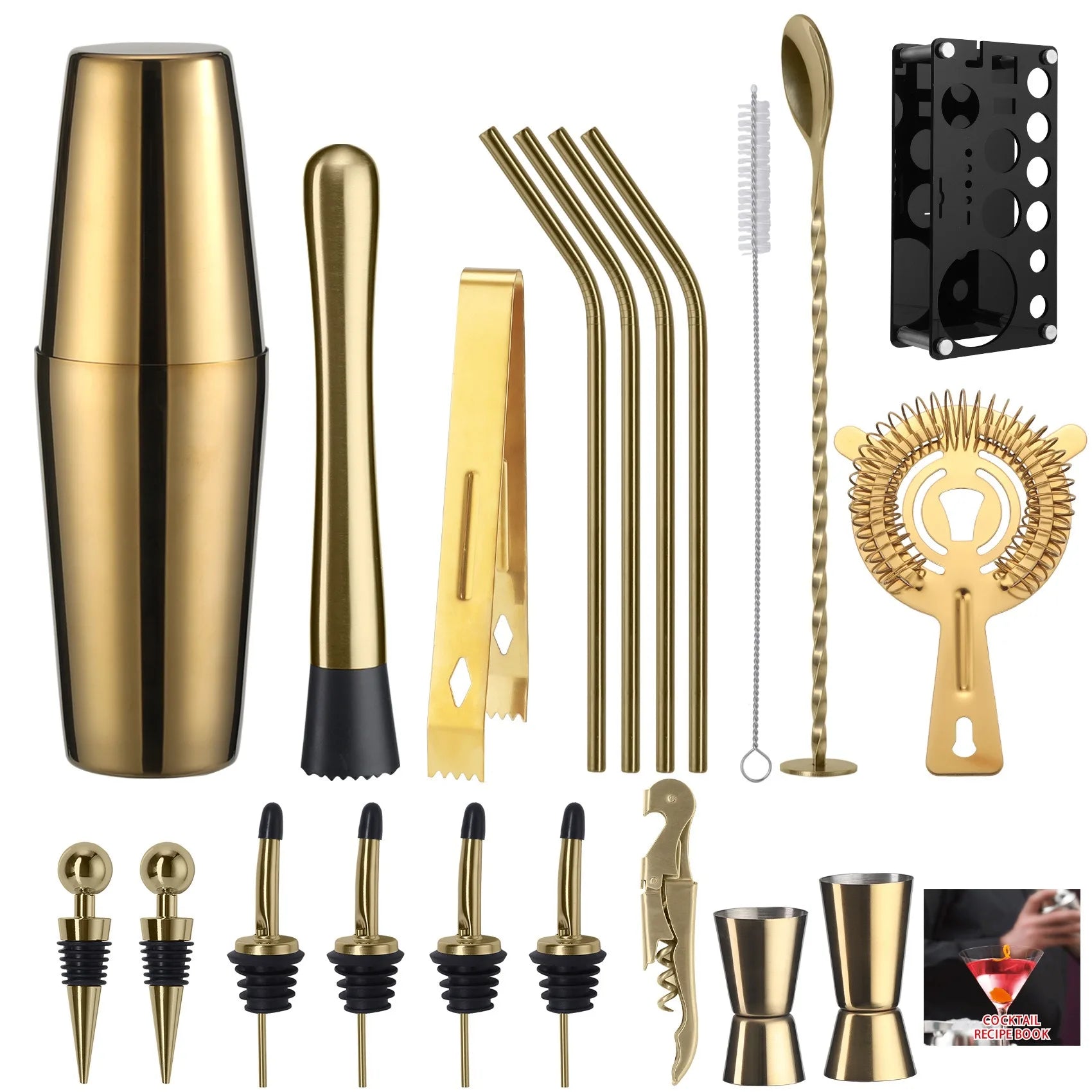 Set shaker per cocktail 20 pezzi Kit da barista con supporto Set da bar mixology Set mixer per bevande con strumento accessorio essenziale Ricettario