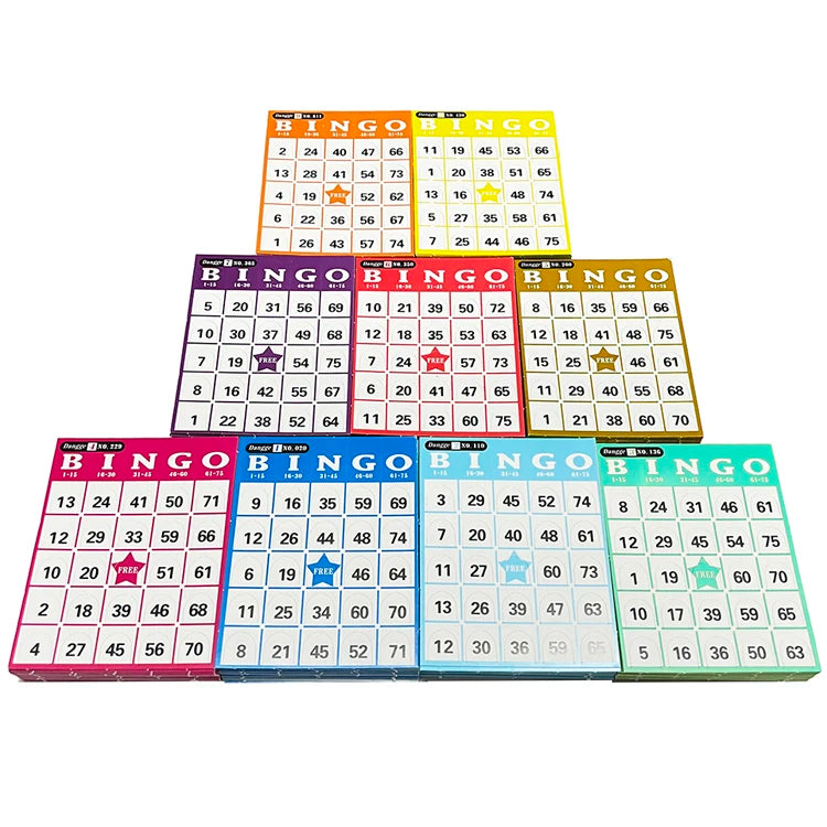 Push-up Bingo Karten Set für Bingo-Spiele – 540 Karten in 9 Farben mit Nummern 01-75