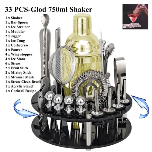 Cocktail Shaker Set 1–33 Teile – Profi Barkeeper-Set mit Rezeptbuch & Barständer