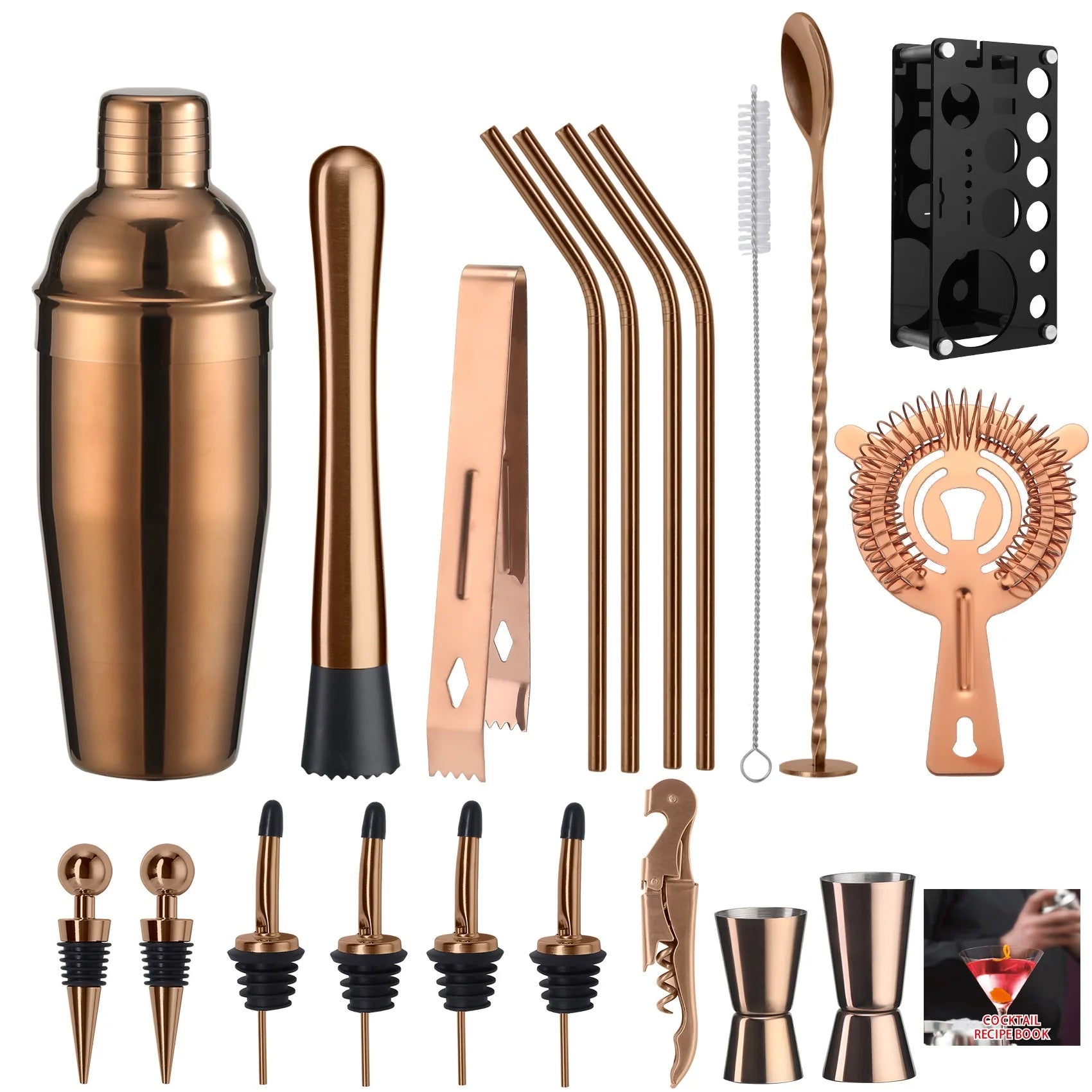 Set shaker per cocktail 20 pezzi Kit da barista con supporto Set da bar mixology Set mixer per bevande con strumento accessorio essenziale Ricettario