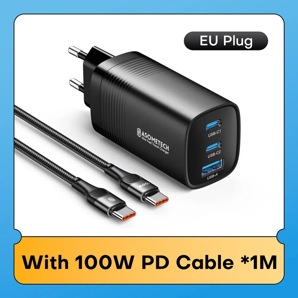 Quick Charger für Smartphones, Tablets und Laptops – 65 W mit GaN-Technologie und 3 Ladeports