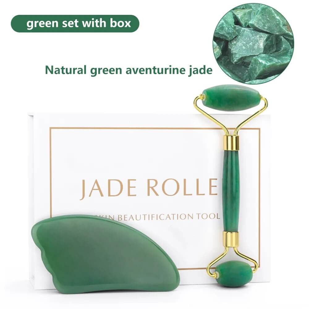 Natürliches Rosenquarz Jade Roller & Gua Sha Set - Für strahlende Haut! - Verwöhnen Sie Ihre Haut mit unserem hochwertigen Natürlichen Rosenquarz Jade Roller und Gua Sha Set für strahlende Haut und ultimativen Wellness. - 14:143476592#Quiet Green set box;
