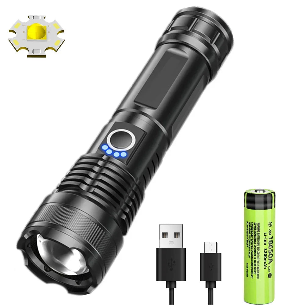 Leistungsstarke XHP50 LED Taschenlampe mit 26650 Akku und USB-C
