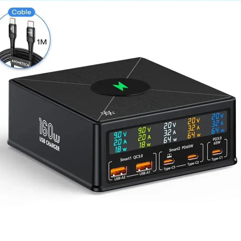 ASOMETECH 160W USB Ladestation – Kabelloses Laden, 100W/65W PD PPS GaN Schnellladegerät für Laptop, Tablet, iPhone & Samsung - Effizientes und vielseitiges 160W Schnellladegerät von ASOMETECH. Unterstützt PD 100W, kabelloses Laden, und geeignet für MacBoo