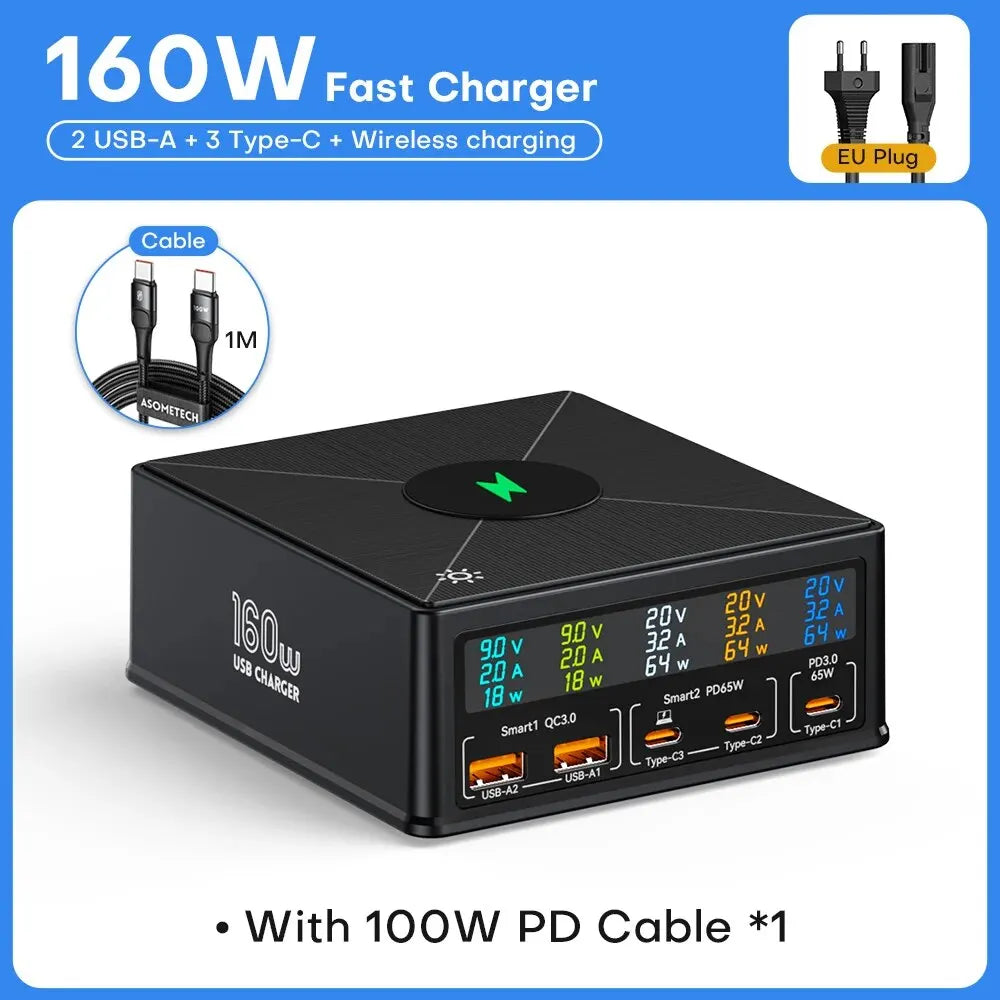 Asometech 160W Desktop USB-Ladestation mit kabellosem Laden