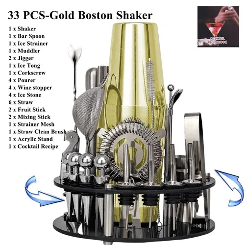 Cocktail Shaker Set 1–33 Teile – Profi Barkeeper-Set mit Rezeptbuch & Barständer