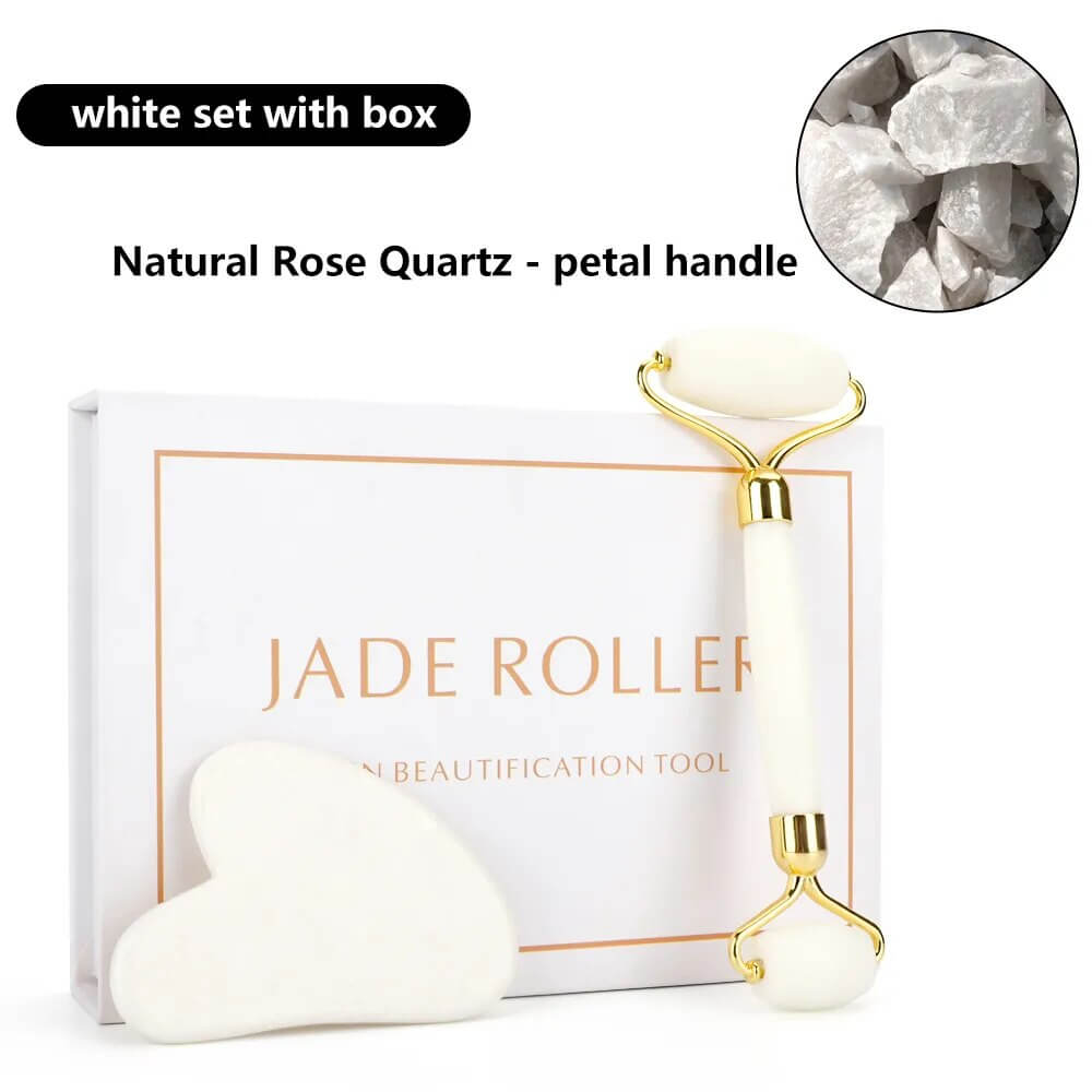 Natürliches Rosenquarz Jade Roller & Gua Sha Set - Für strahlende Haut! - Verwöhnen Sie Ihre Haut mit unserem hochwertigen Natürlichen Rosenquarz Jade Roller und Gua Sha Set für strahlende Haut und ultimativen Wellness. - 14:29#white set with box;20000776
