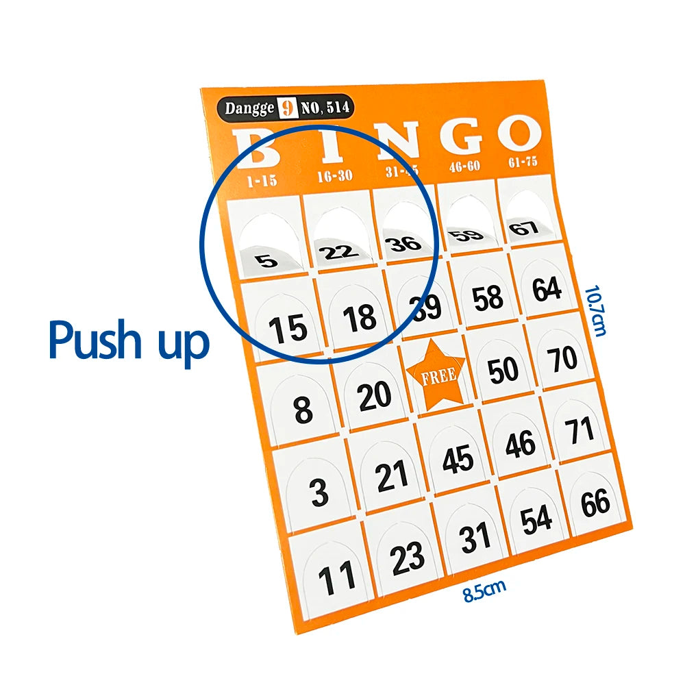 Push-up Bingo Karten Set für Bingo-Spiele – 540 Karten in 9 Farben mit Nummern 01-75