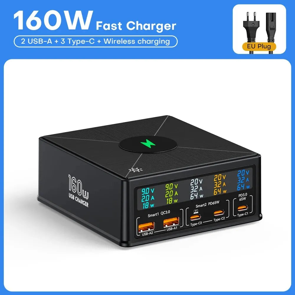 Asometech 160W Desktop USB-Ladestation mit kabellosem Laden