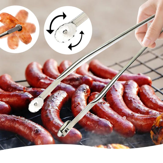 Rotierende Grillzange speziell für Würste | Edelstahl BBQ Zange mit Rollrad für perfektes Wenden