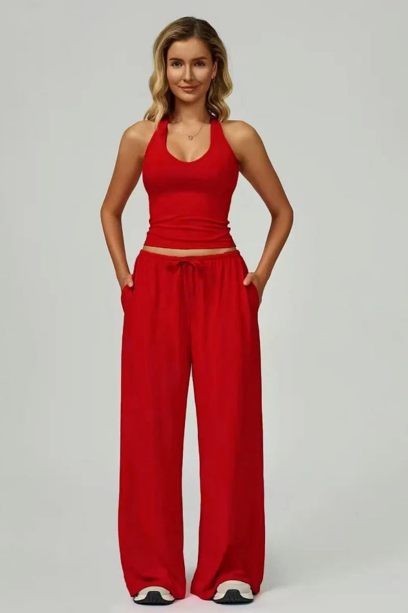 Womens two-piece wide-leg trousers set with sleeveless pullover
